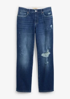 bonprix Jeans|Bekleidung·Shirts & Tops^Straight-Jeans Mid Waist Bequembund Low Stretch, cropped dunkelblau denim used