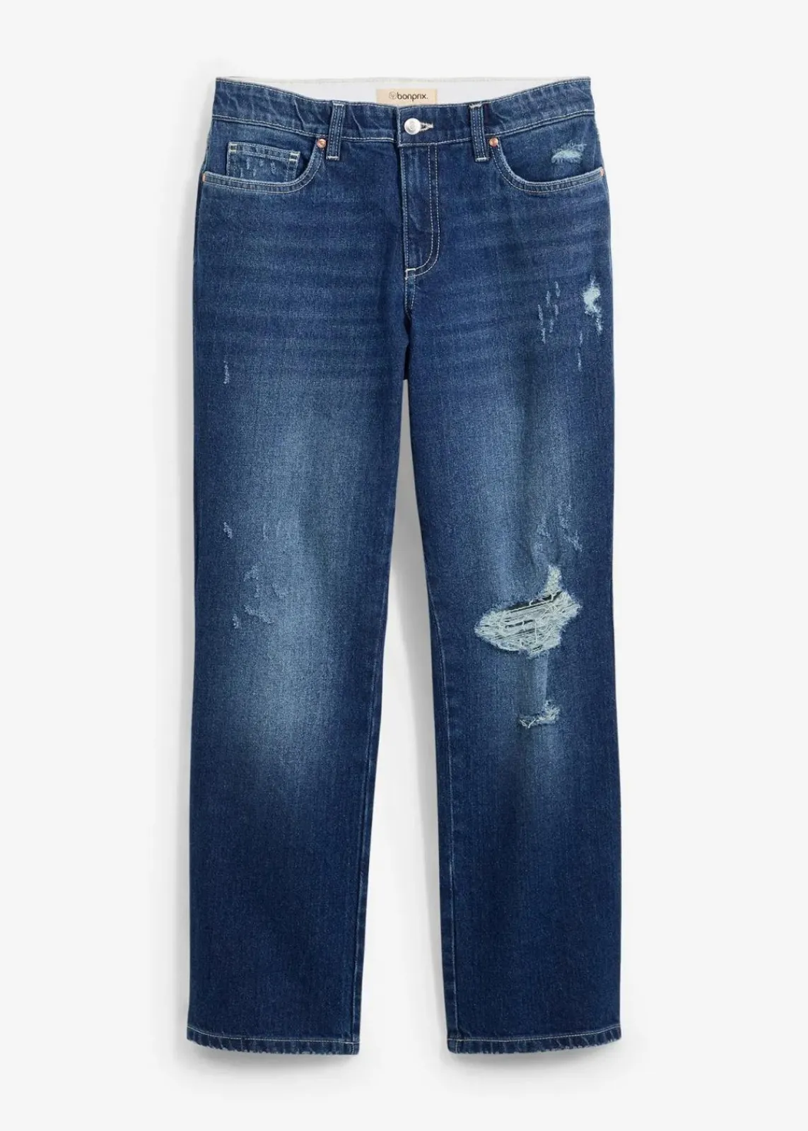 bonprix Jeans|Bekleidung·Shirts & Tops^Straight-Jeans Mid Waist Bequembund Low Stretch, cropped dunkelblau denim used