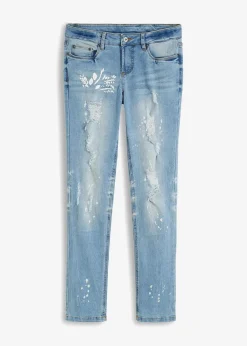 bonprix Bekleidung·Shirts & Tops|Jeans^Straight-Jeans Mid Waist, Print hellblau denim