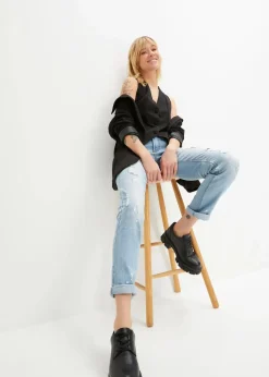 bonprix Bekleidung·Shirts & Tops|Jeans^Straight-Jeans Mid Waist, Print hellblau denim