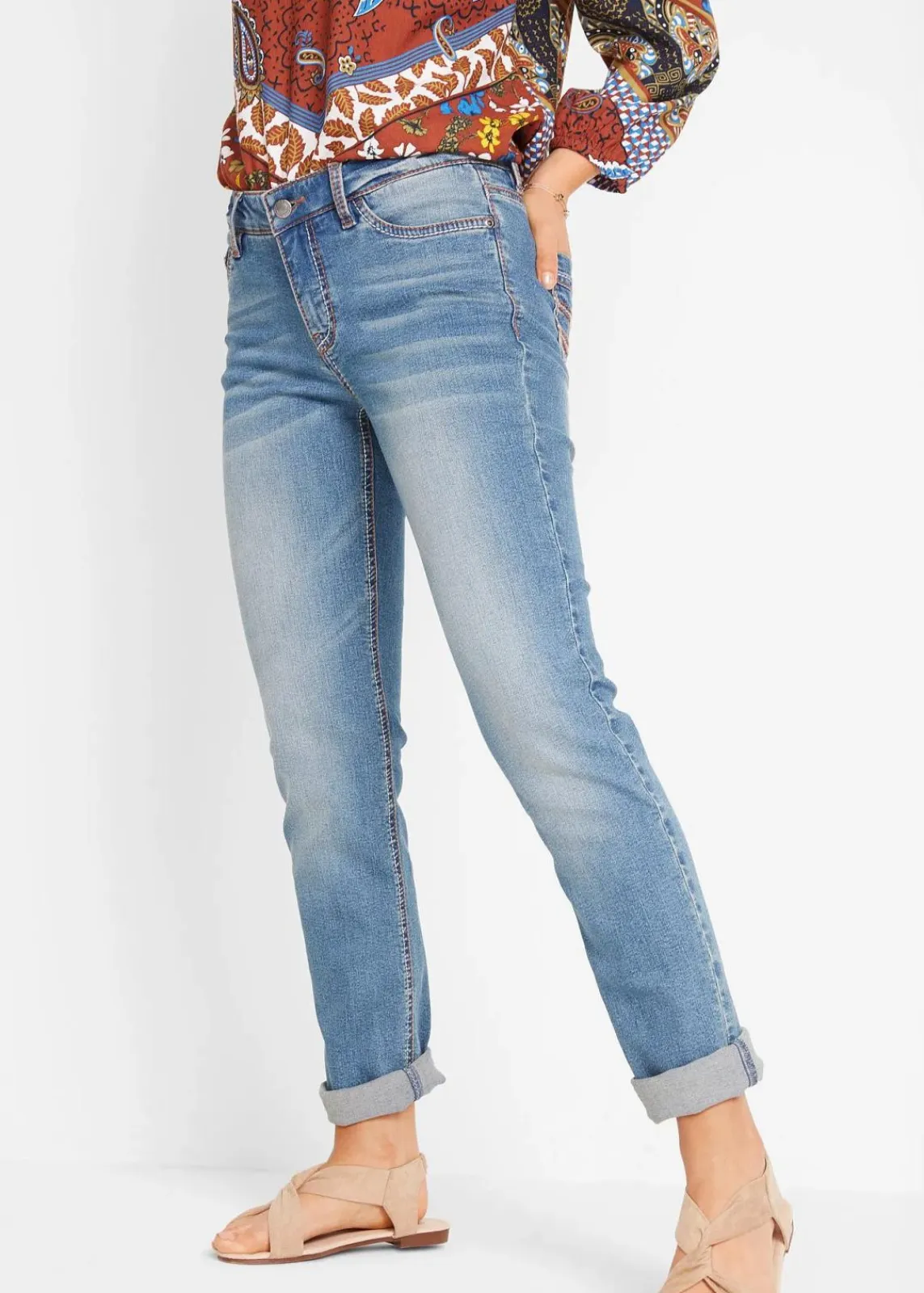 bonprix Bekleidung·Shirts & Tops|Jeans^Straight-Jeans Mid Waist, Stretch blau denim