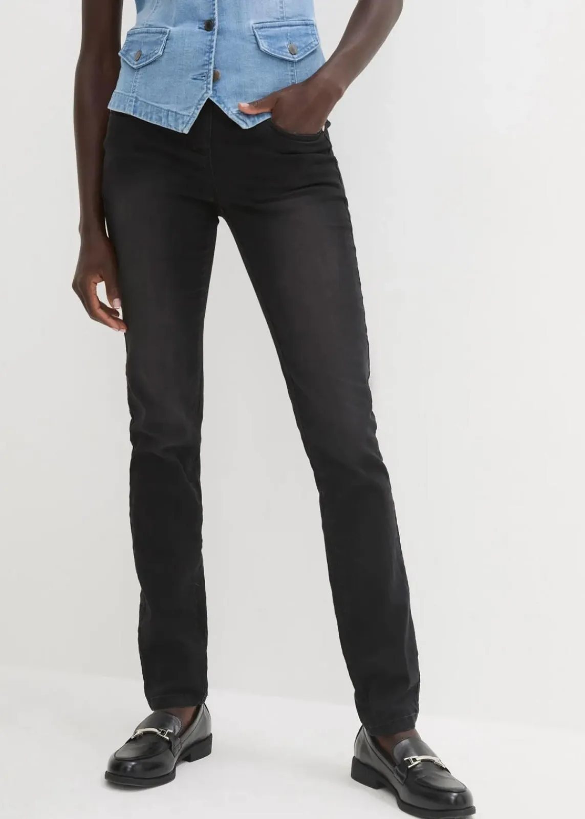 bonprix Jeans|Kurzgrößen^Straight-Jeans Mid Waist, Super Stretch mit Bequembund black stone