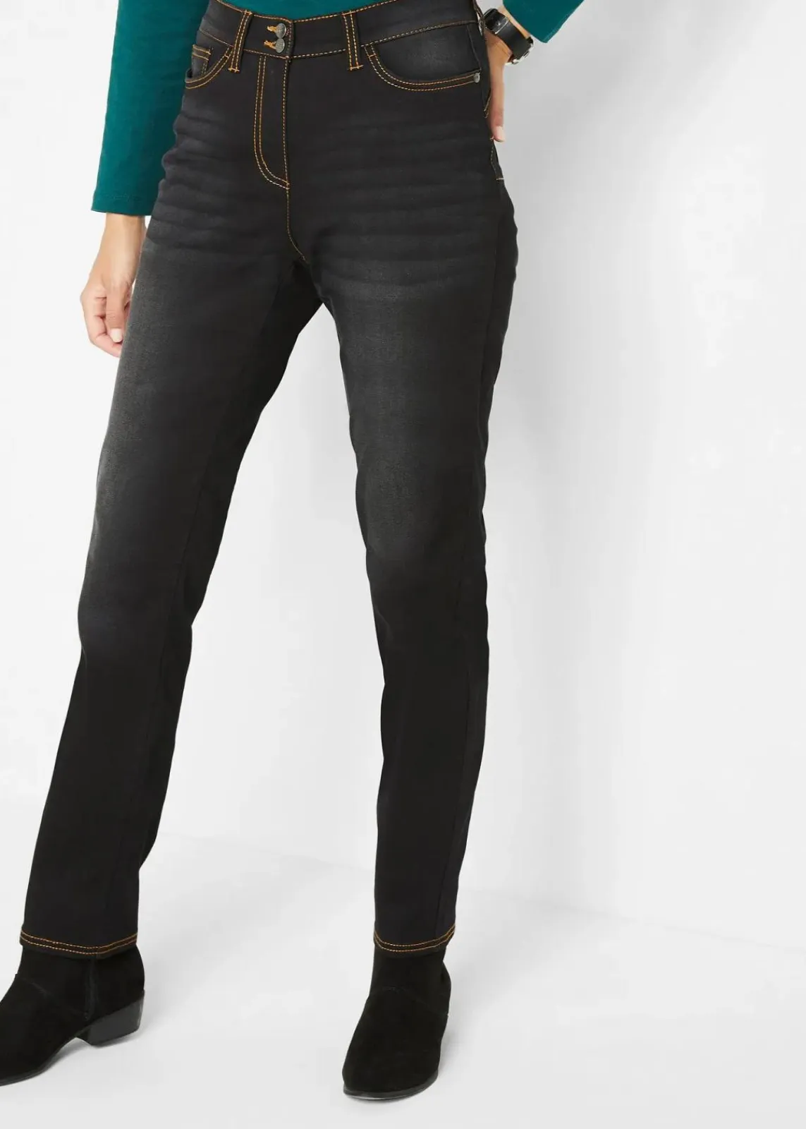 bonprix Bekleidung·Shirts & Tops|Thermobekleidung^Straight-Jeans Mid Waist, Thermo mit Bequembund schwarz denim