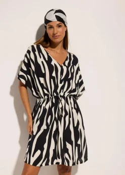 bonprix Strandmode|Bademode·Strandmode^Strandkleid aus fließender Viskose schwarz/wollweiß