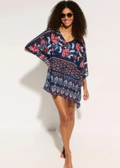 bonprix Strandmode|Bademode·Strandmode^Strandtunika aus leichtem Chiffon blau/rosa bedruckt