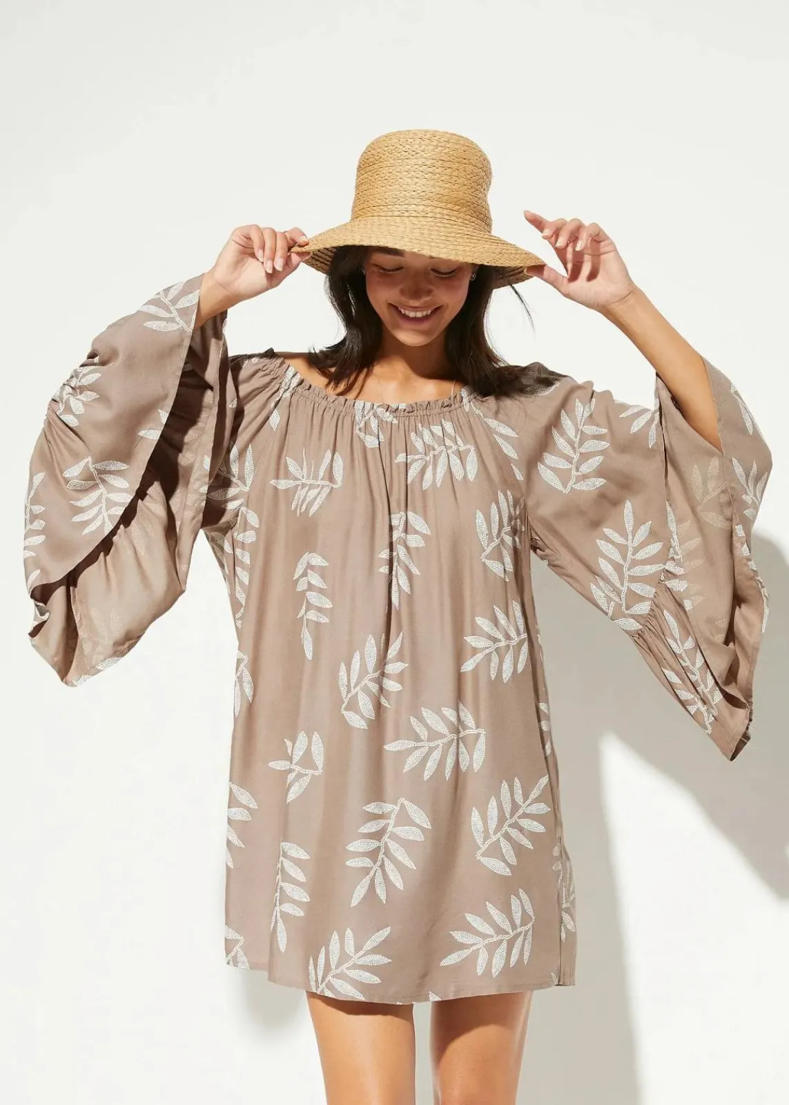 bonprix Strandmode|Bademode·Strandmode^Strandtunika aus softer Viskose taupe/wollweiß floral