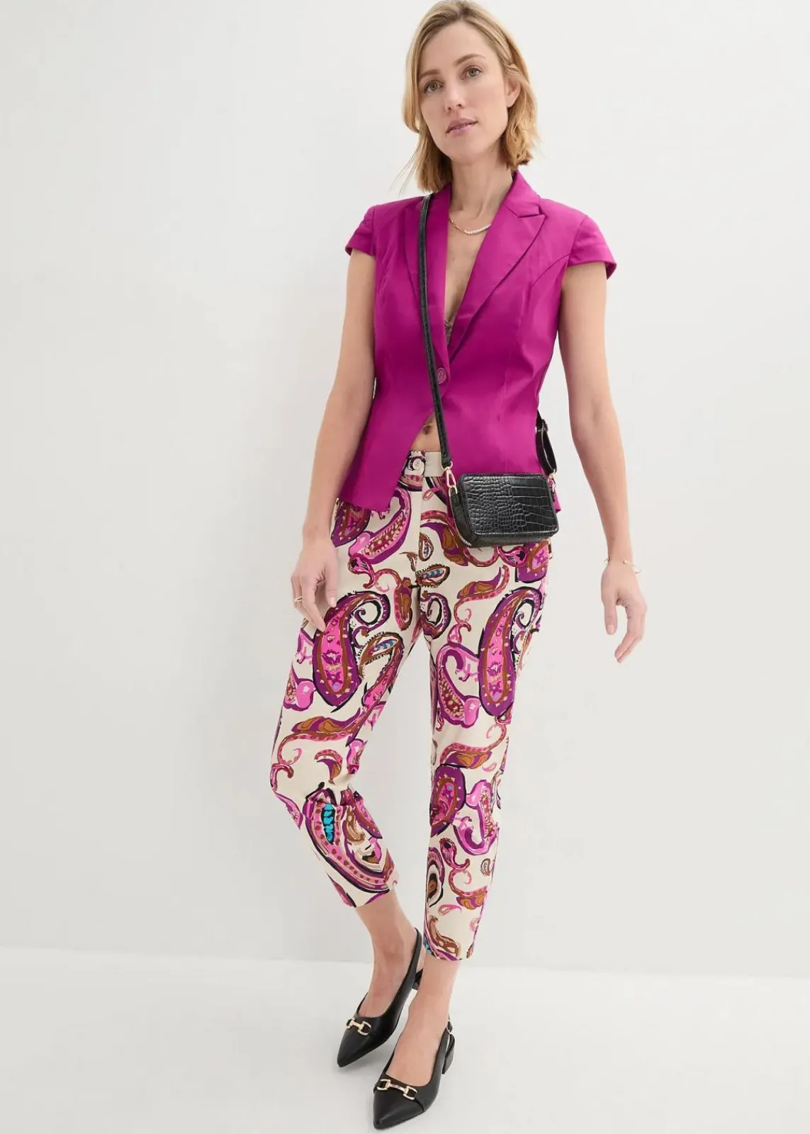 bonprix Bekleidung·Kleider|Hosen^7/8-Stretchhhose wollweiß/violettorchidee paisley