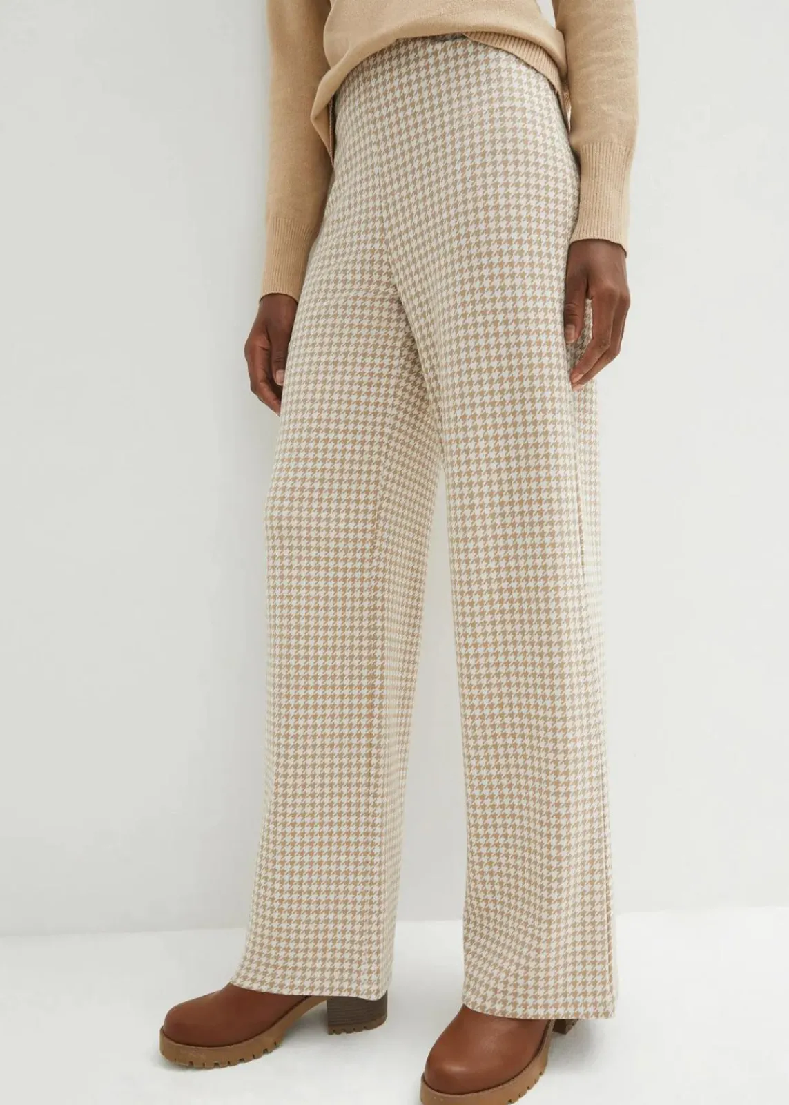 bonprix Hosen|Bekleidung·Kleider^Stretch-Hose mit Hahnentrittmuster, Wide leg latte macchiato/weiß kariert