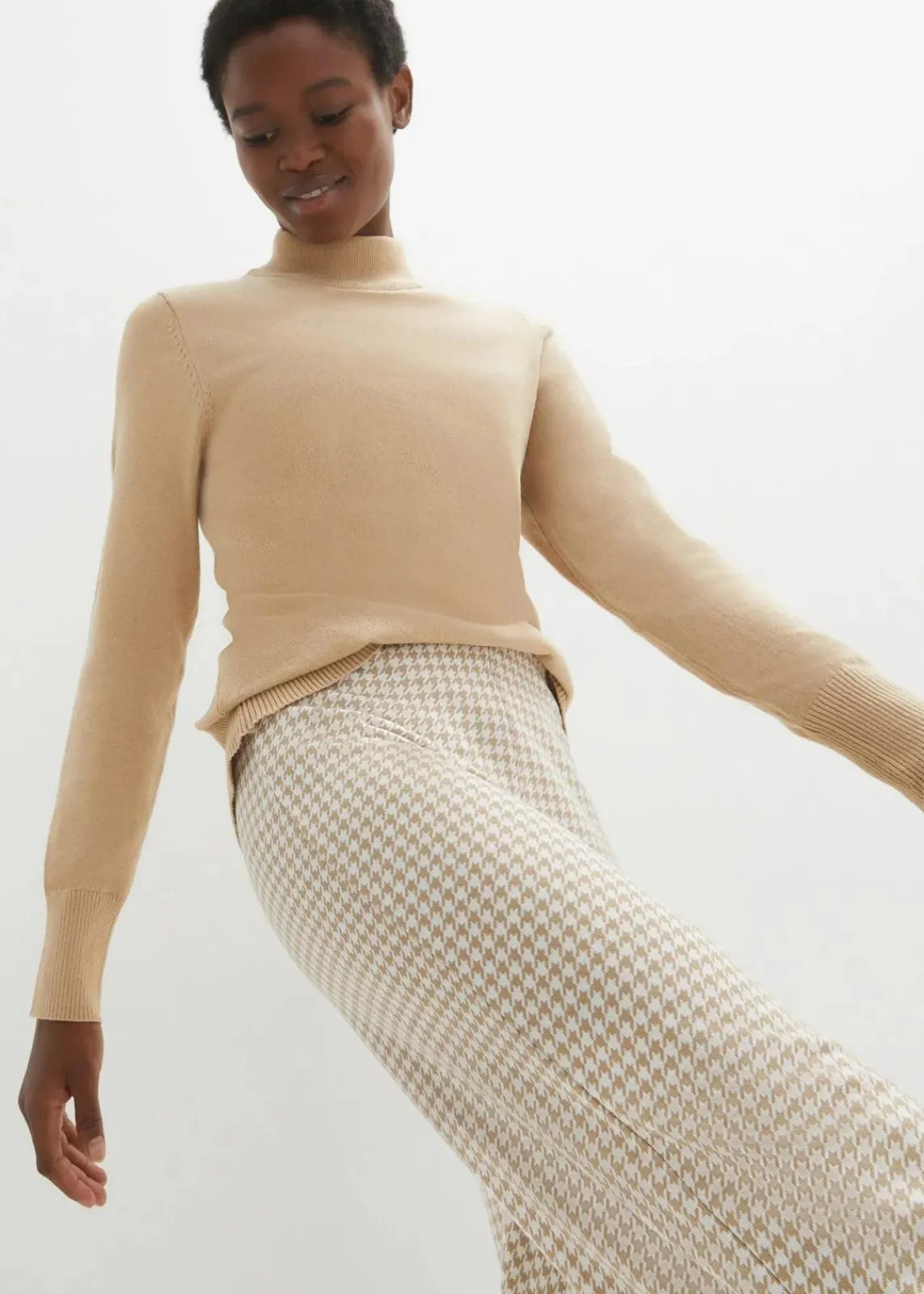 bonprix Hosen|Bekleidung·Kleider^Stretch-Hose mit Hahnentrittmuster, Wide leg latte macchiato/weiß kariert