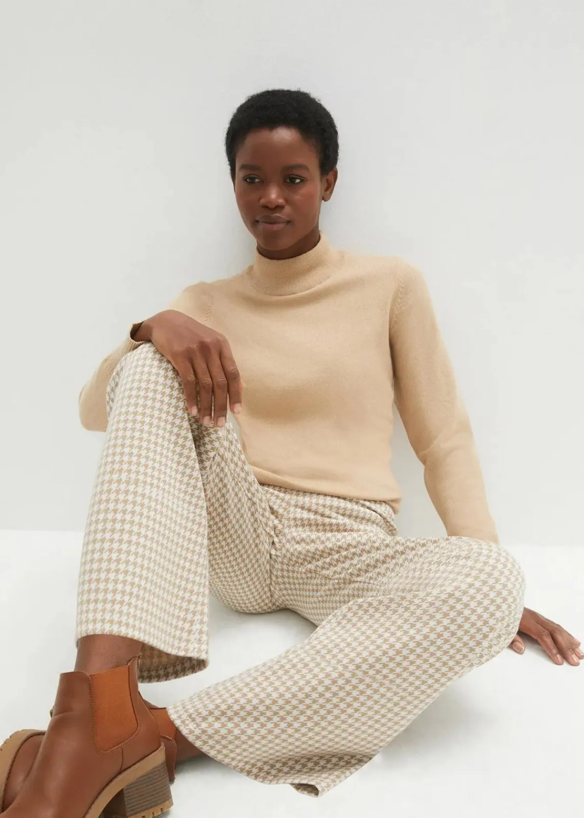 bonprix Hosen|Bekleidung·Kleider^Stretch-Hose mit Hahnentrittmuster, Wide leg latte macchiato/weiß kariert