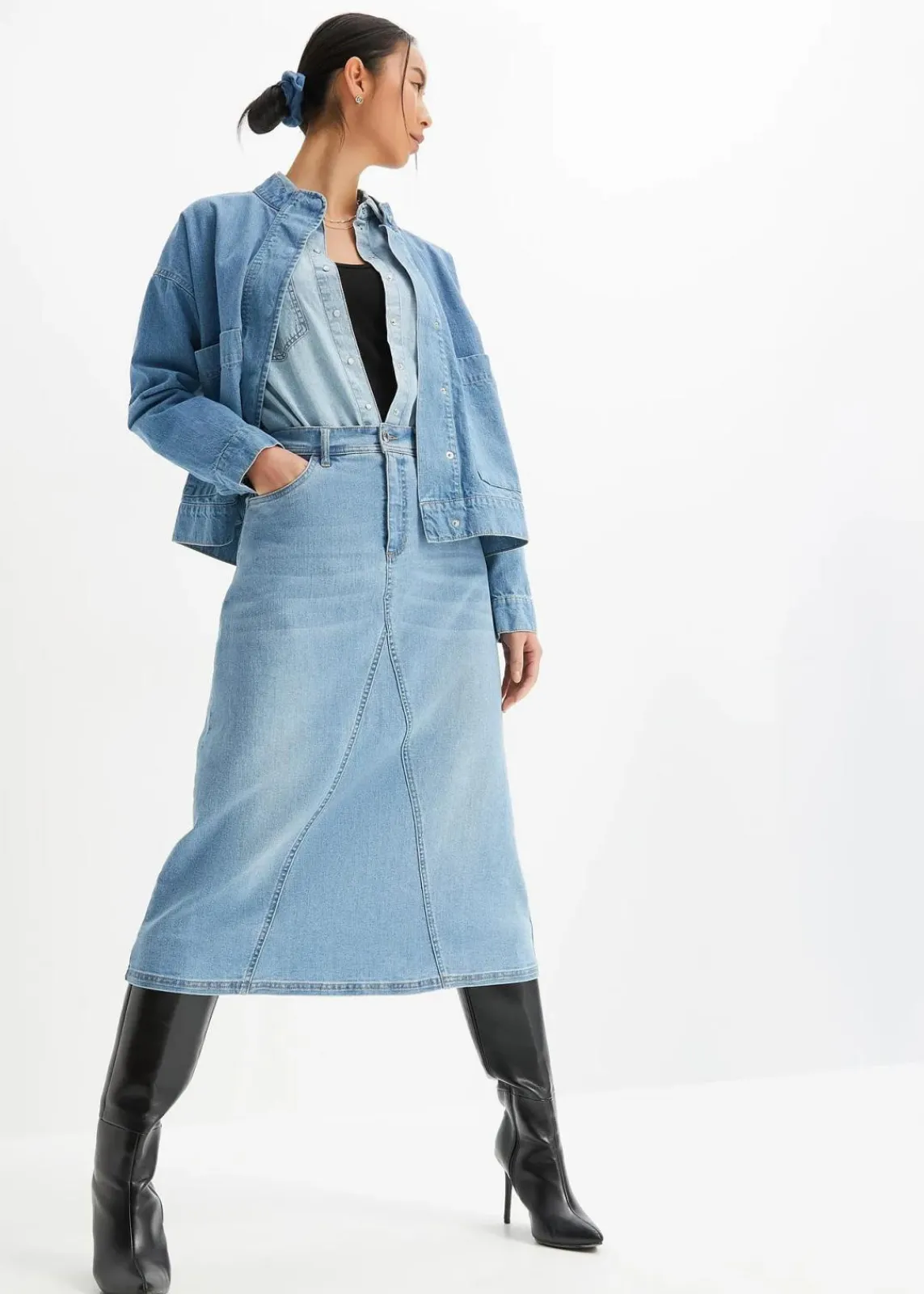 bonprix Bekleidung·Sportbekleidung|Röcke^Stretch-Jeansrock, High Waist hellblau denim used