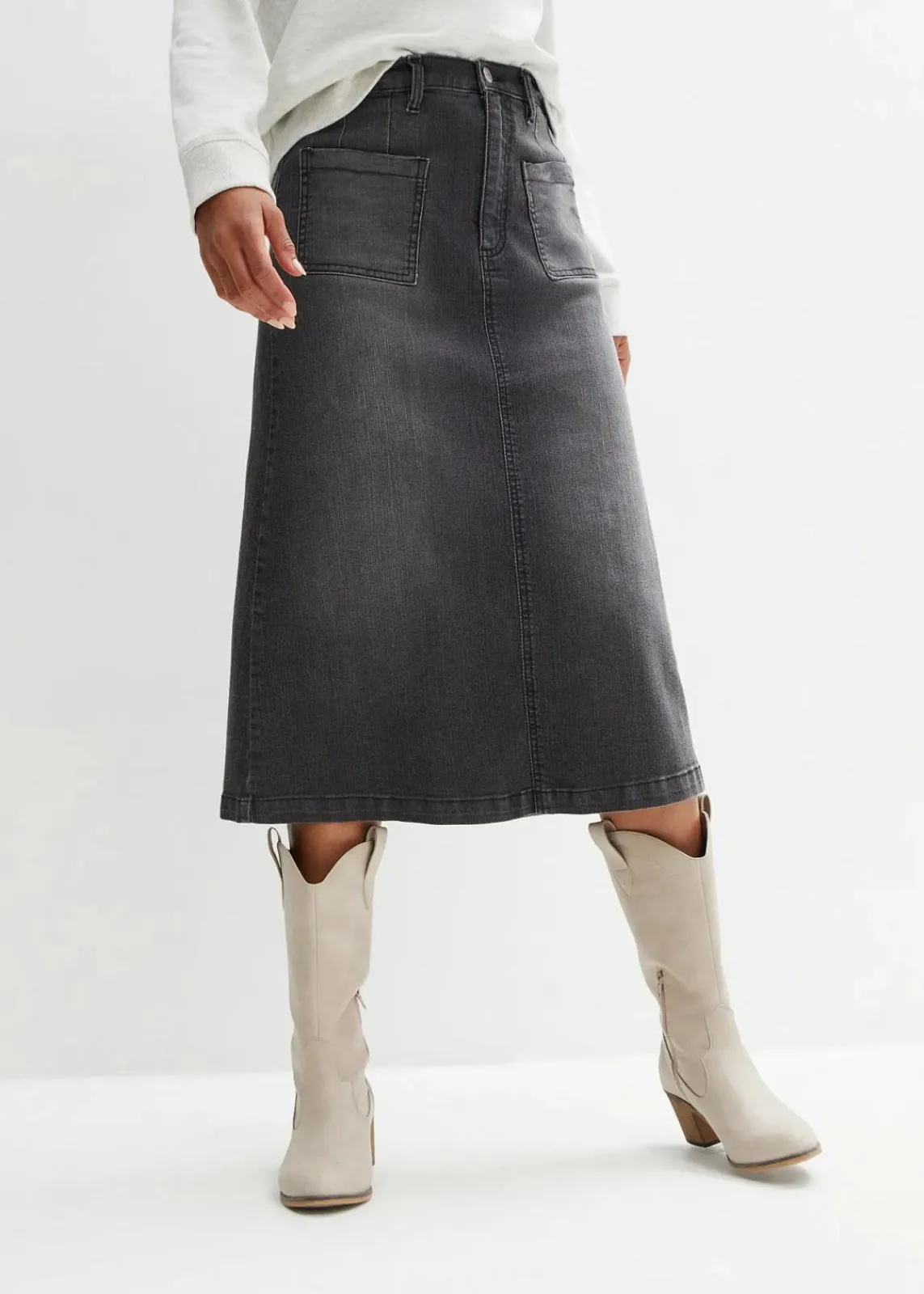 bonprix Bekleidung·Sportbekleidung|Röcke^Stretch-Jeansrock, Midi-Länge schwarz denim used