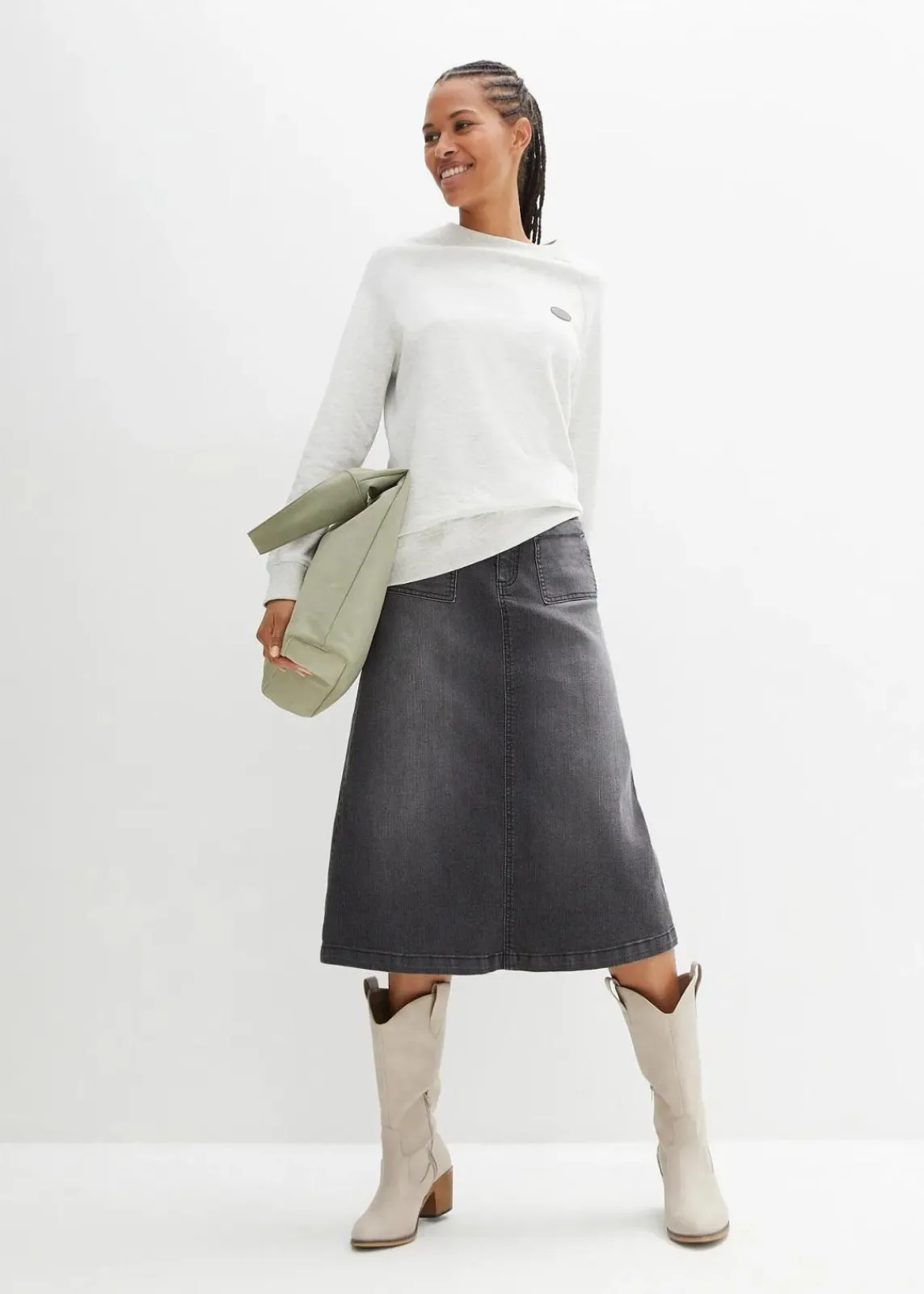 bonprix Bekleidung·Sportbekleidung|Röcke^Stretch-Jeansrock, Midi-Länge schwarz denim used