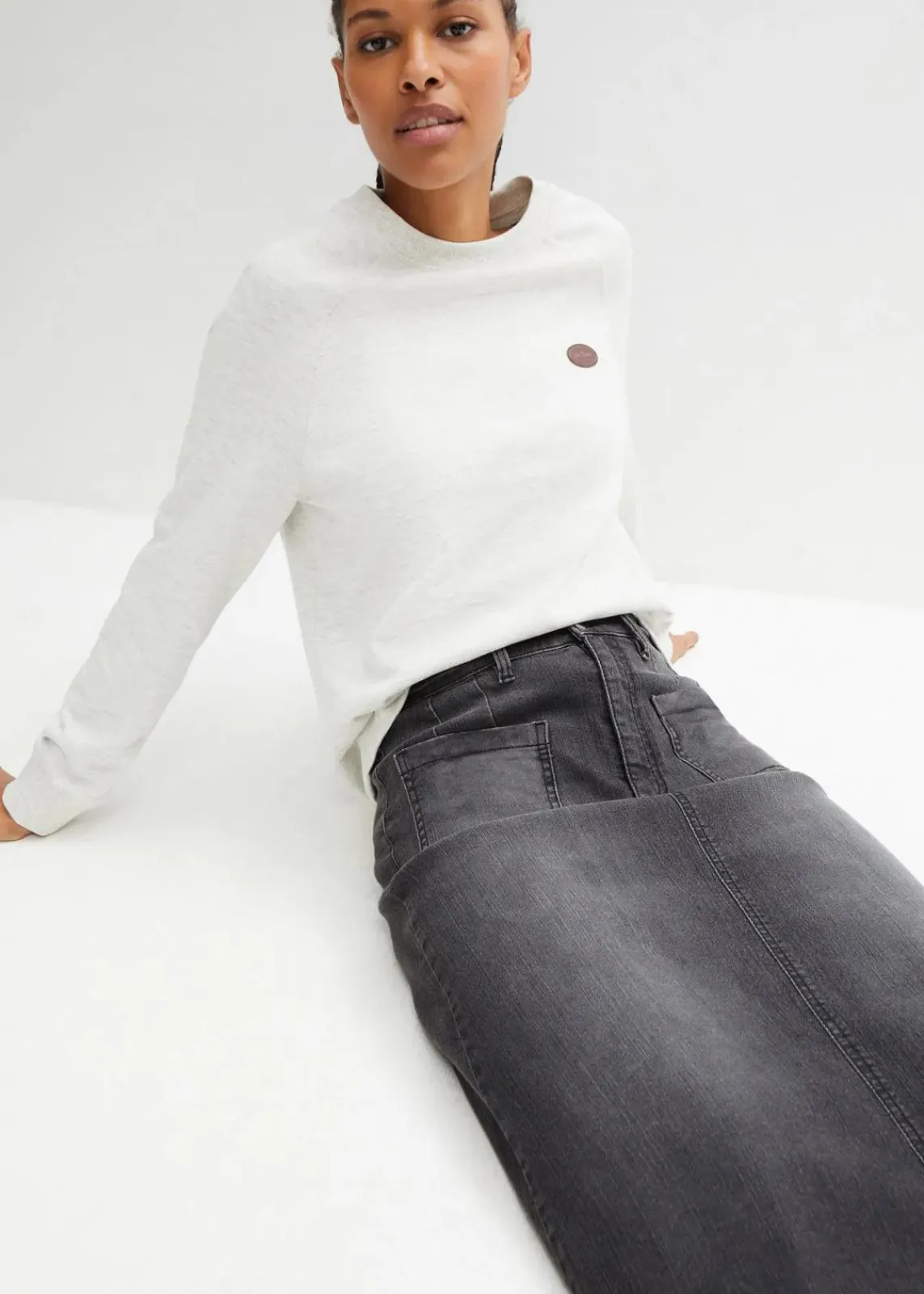 bonprix Bekleidung·Sportbekleidung|Röcke^Stretch-Jeansrock, Midi-Länge schwarz denim used