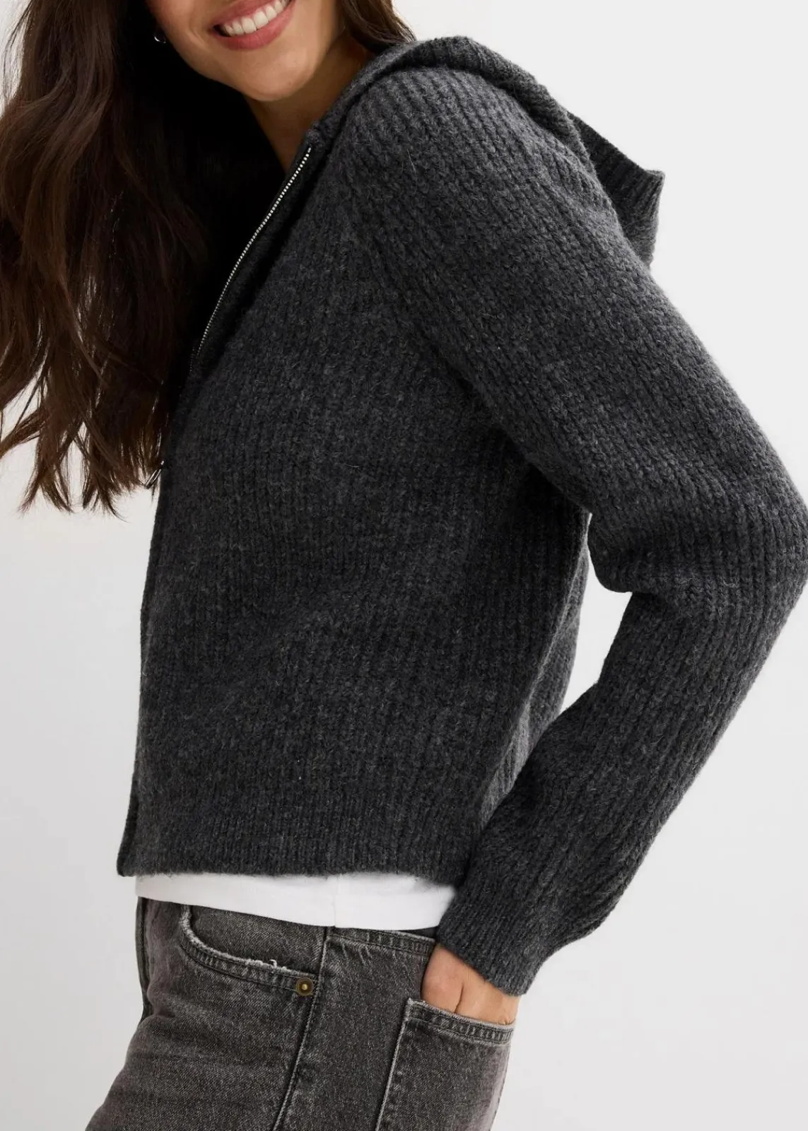 bonprix Pullover & Strickjacken|Strickmode^Strickjacke mit Kapuze anthrazit meliert