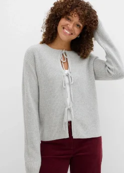 bonprix Pullover & Strickjacken|Strickmode^Strickjacke mit Schleifen-Detail hellgrau meliert