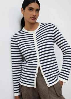 bonprix Strickmode|Pullover & Strickjacken^Strickjacke mit Seidenanteil dunkelblau/wollweiß gestreift