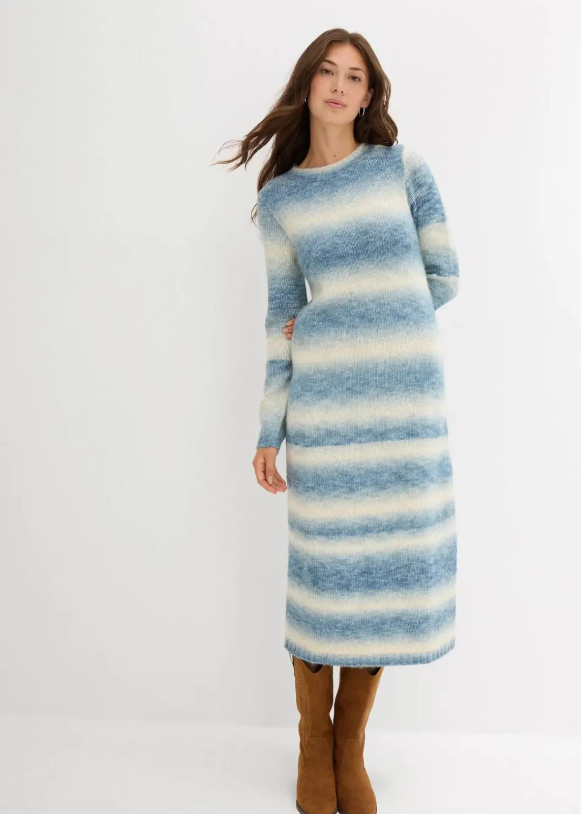 bonprix Kleider|Strickmode^Strickkleid aus weichem Woll-Mix natur/jeansblau