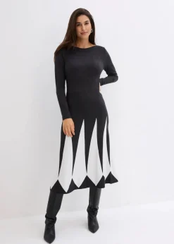 bonprix Bekleidung·Pullover & Strickjacken|Kleider^Strickkleid im Rautendesign anthrazit/wollweiß graphisch