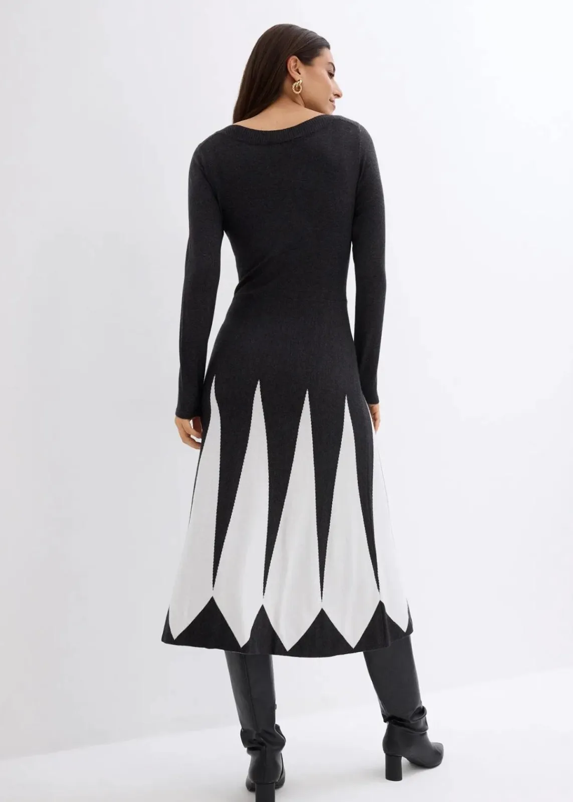 bonprix Bekleidung·Pullover & Strickjacken|Kleider^Strickkleid im Rautendesign anthrazit/wollweiß graphisch