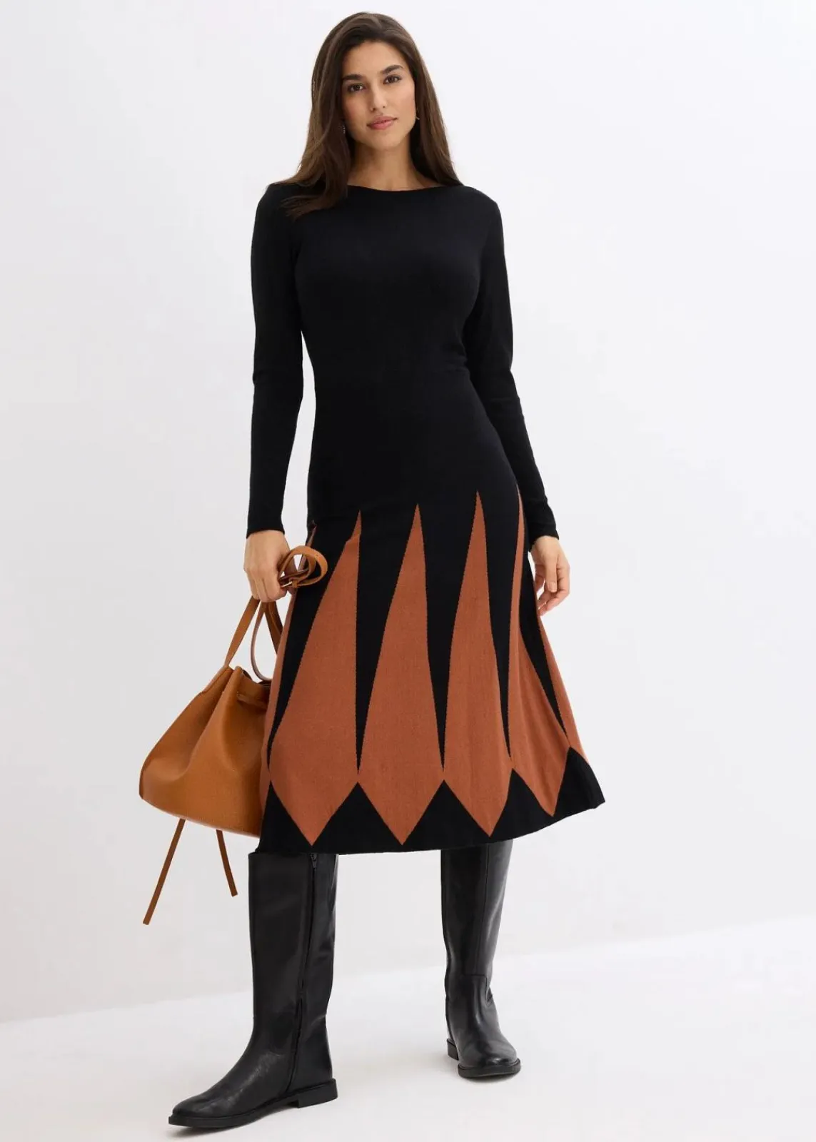 bonprix Bekleidung·Umstandsmode|Strickmode^Strickkleid im Rautendesign schwarz/kastanienbraun graphisch