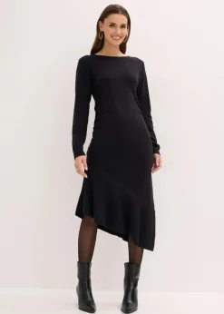 bonprix Bekleidung·Pullover & Strickjacken|Kleider^Strickkleid mit asymmetrischem Saum aus Baumwolle und Kaschmir schwarz