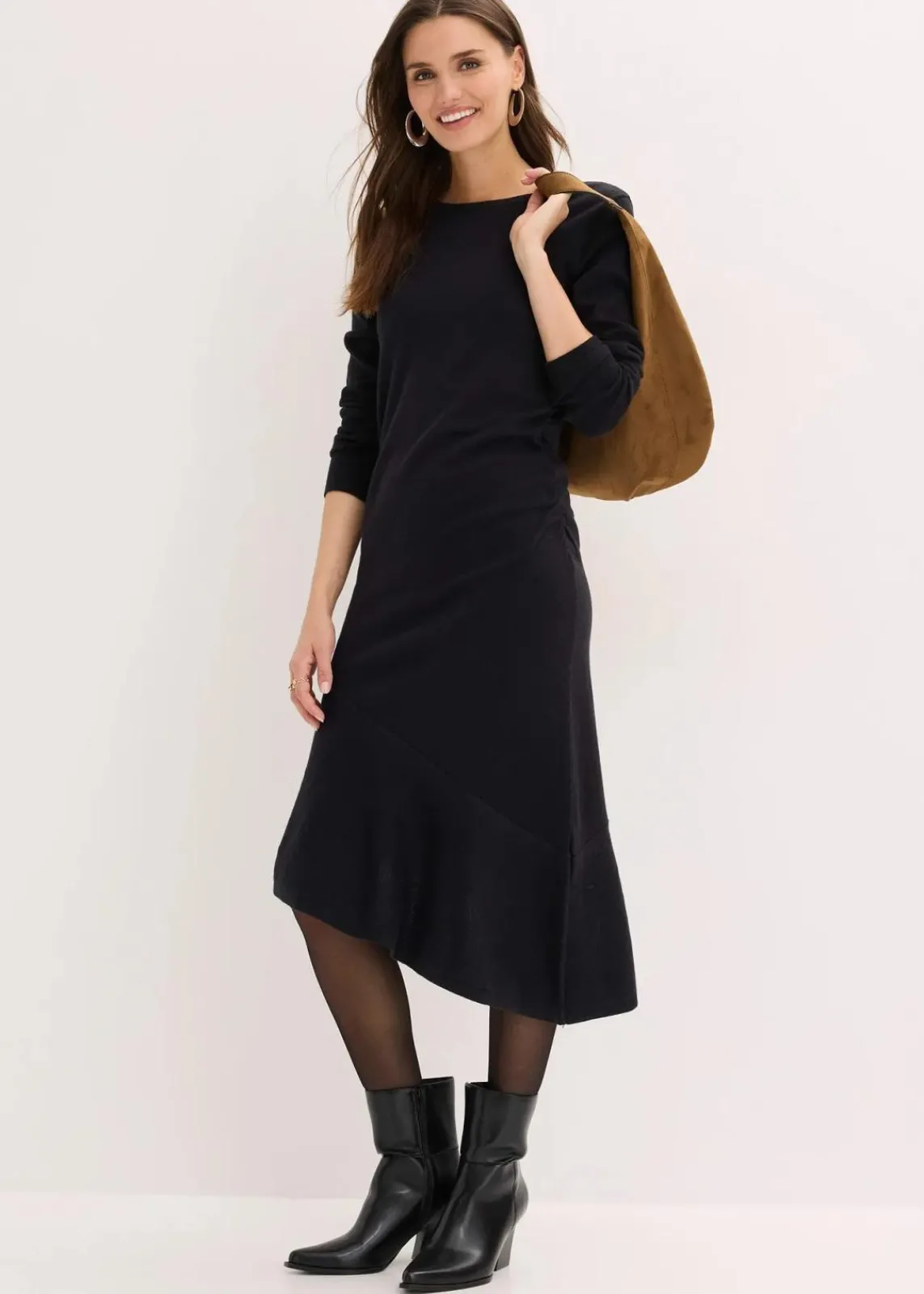 bonprix Bekleidung·Pullover & Strickjacken|Kleider^Strickkleid mit asymmetrischem Saum aus Baumwolle und Kaschmir schwarz
