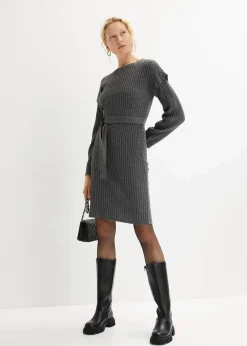 bonprix Strickmode|Kleider^Strickkleid mit Bindeband grau meliert