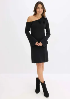 bonprix Strickmode|Kleider^Strickkleid mit Blumen-Applikation schwarz