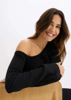 bonprix Strickmode|Kleider^Strickkleid mit Blumen-Applikation schwarz