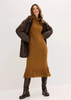 bonprix Bekleidung·Umstandsmode|Bekleidung·Pullover & Strickjacken^Strickkleid mit Fransensaum cognac braun