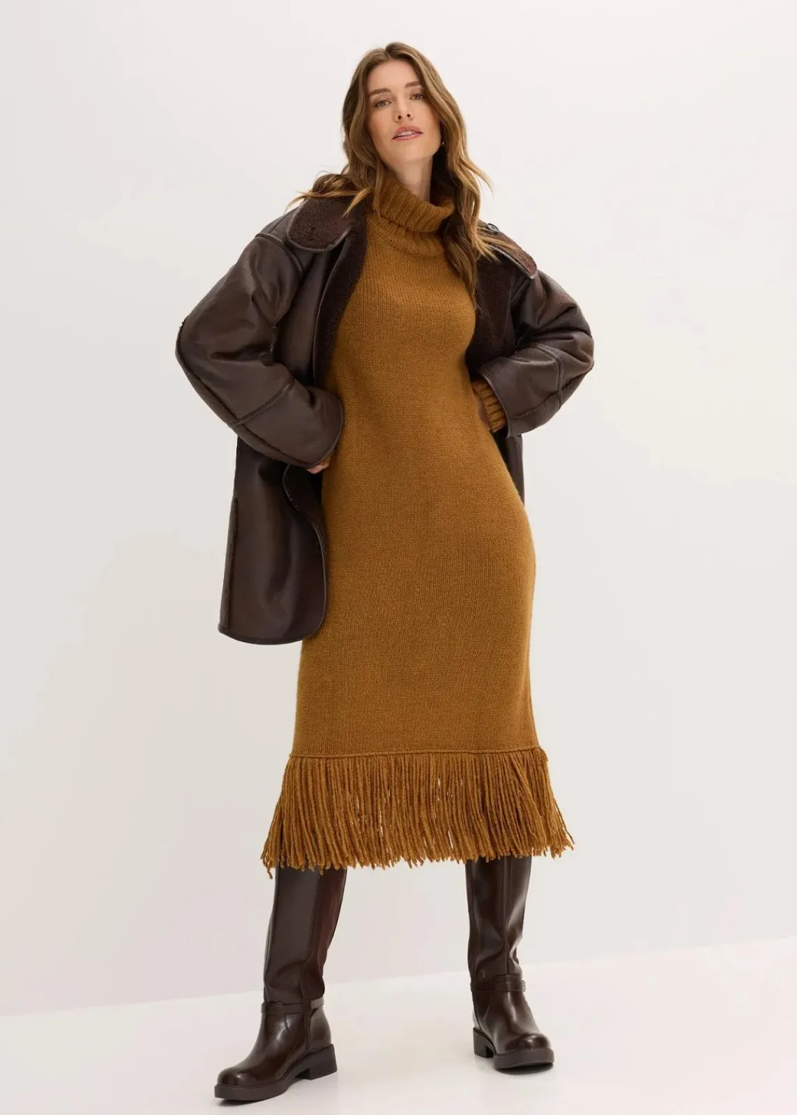 bonprix Bekleidung·Umstandsmode|Bekleidung·Pullover & Strickjacken^Strickkleid mit Fransensaum cognac braun