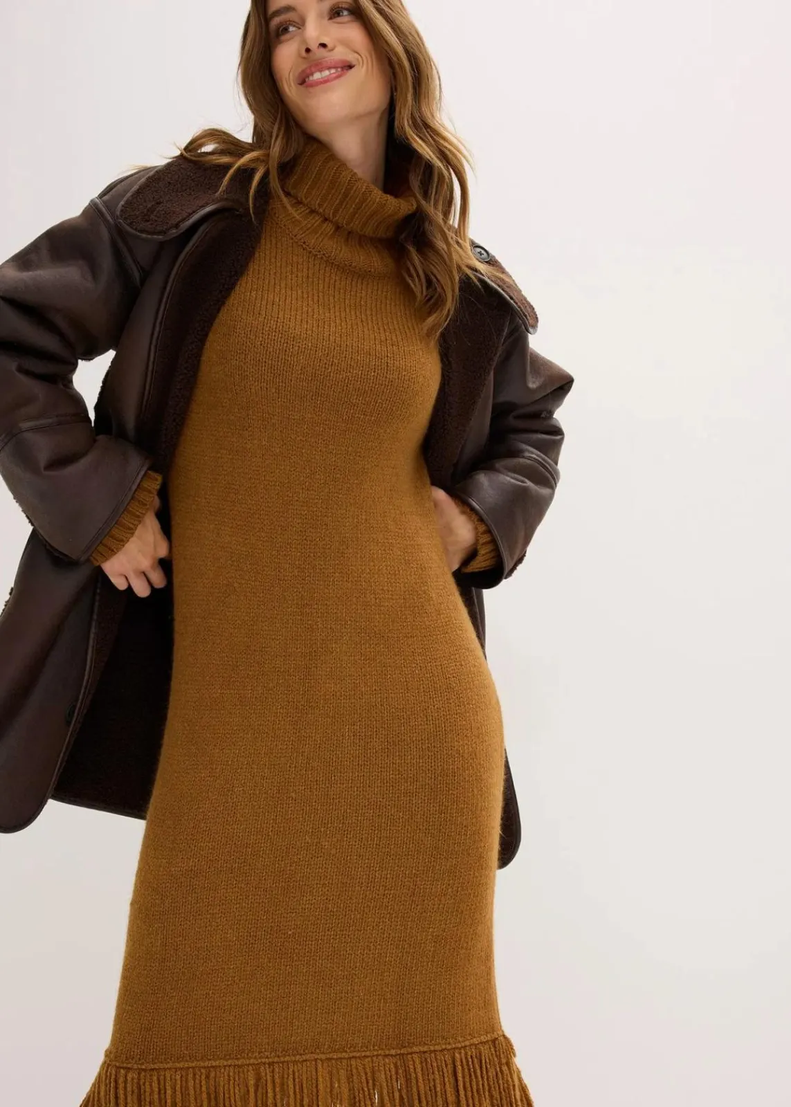 bonprix Bekleidung·Umstandsmode|Bekleidung·Pullover & Strickjacken^Strickkleid mit Fransensaum cognac braun