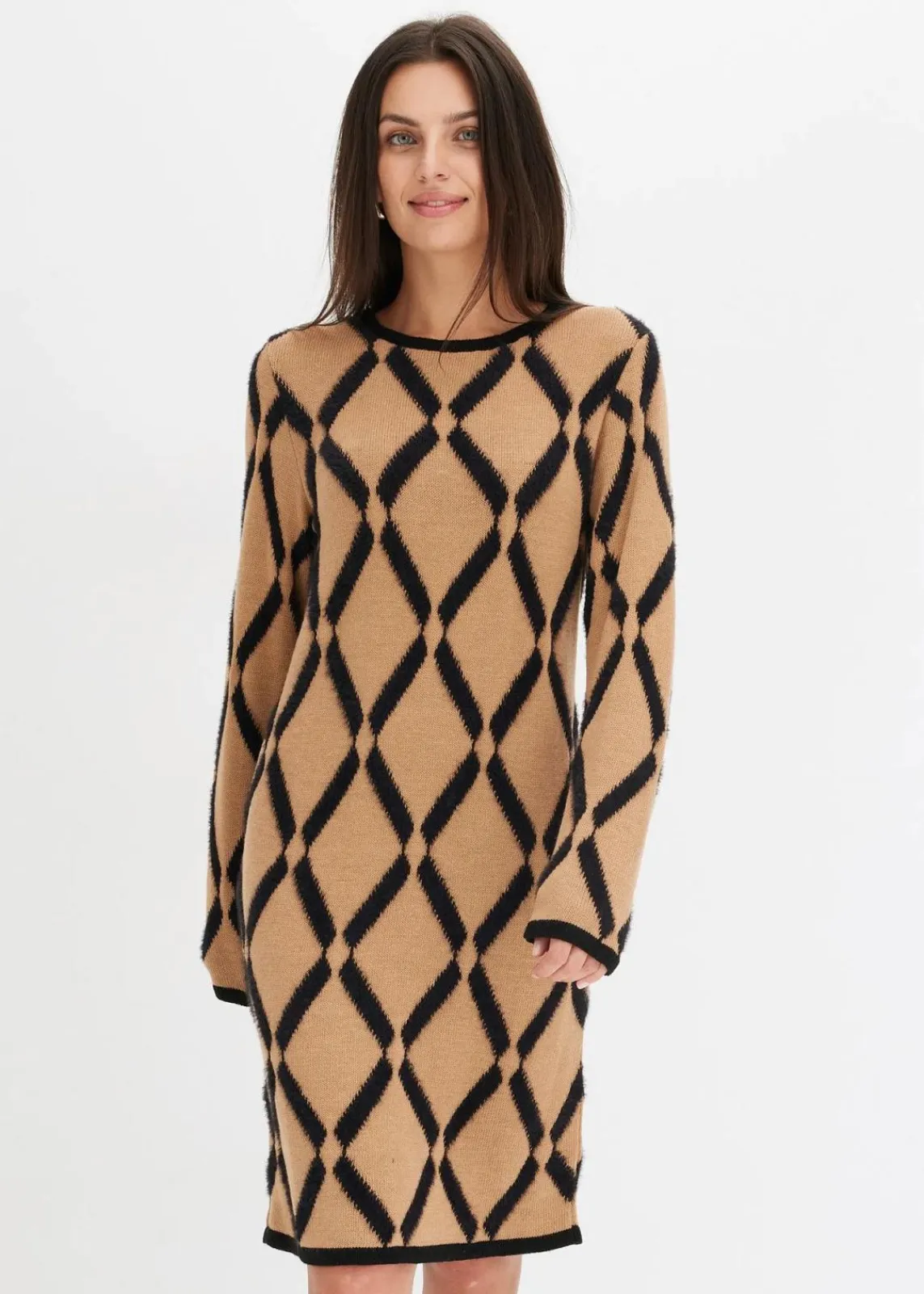 bonprix Bekleidung·Umstandsmode|Strickmode^Strickkleid mit Rautenmuster aus Federgarn hellbraun/schwarz kariert