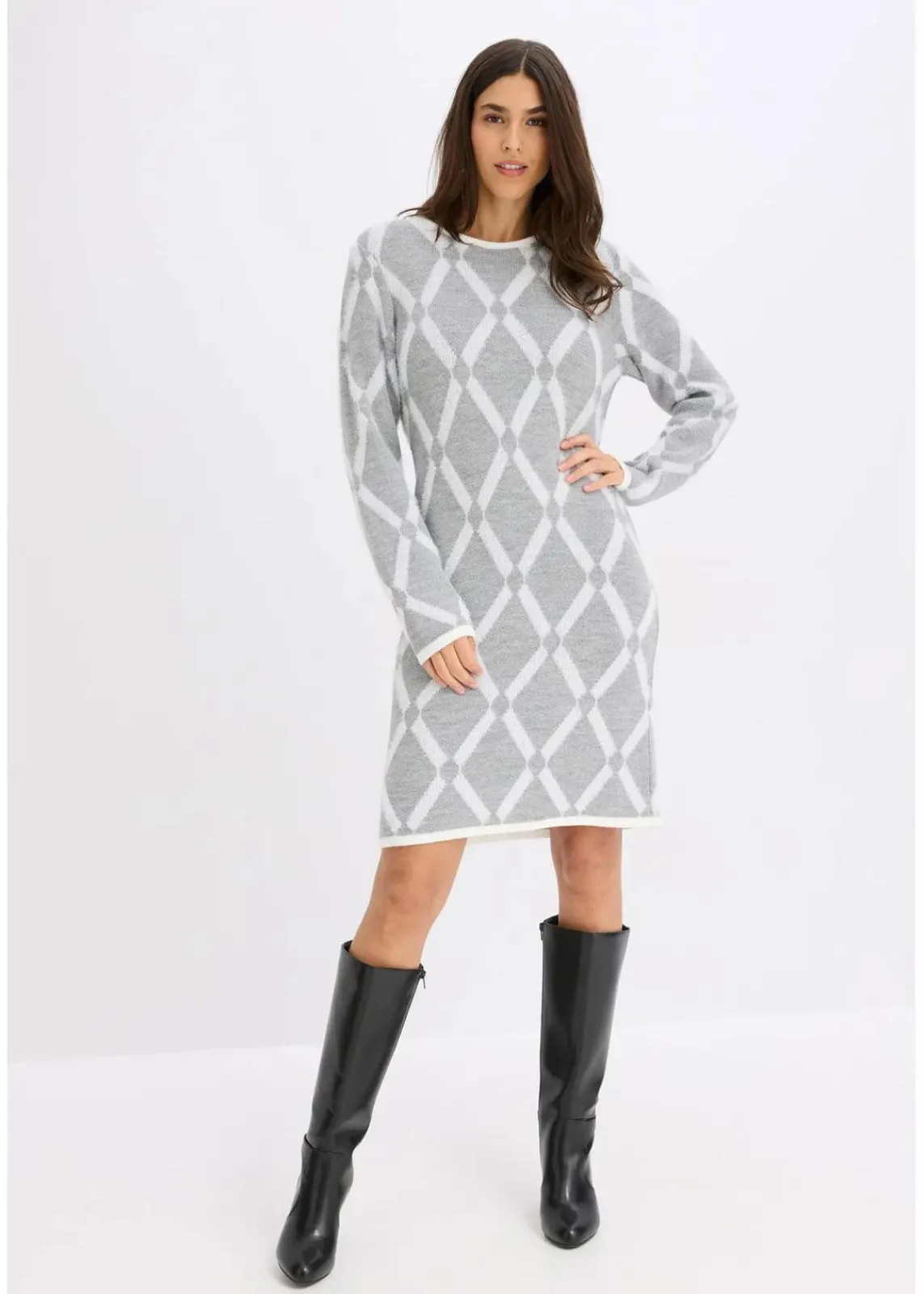 bonprix Bekleidung·Umstandsmode|Strickmode^Strickkleid mit Rautenmuster aus Federgarn hellgrau meliert/wollweiß graphisch