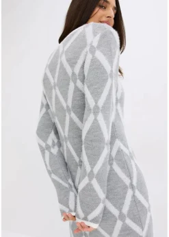 bonprix Bekleidung·Umstandsmode|Strickmode^Strickkleid mit Rautenmuster aus Federgarn hellgrau meliert/wollweiß graphisch