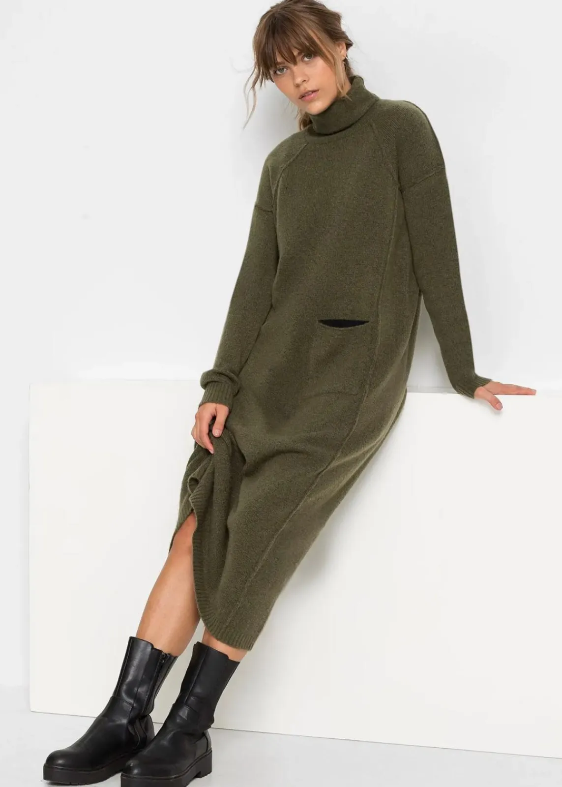 bonprix Bekleidung·Umstandsmode|Bekleidung·Pullover & Strickjacken^Strickkleid mit Rollkragen dunkeloliv meliert