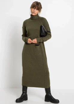 bonprix Bekleidung·Umstandsmode|Bekleidung·Pullover & Strickjacken^Strickkleid mit Rollkragen dunkeloliv meliert