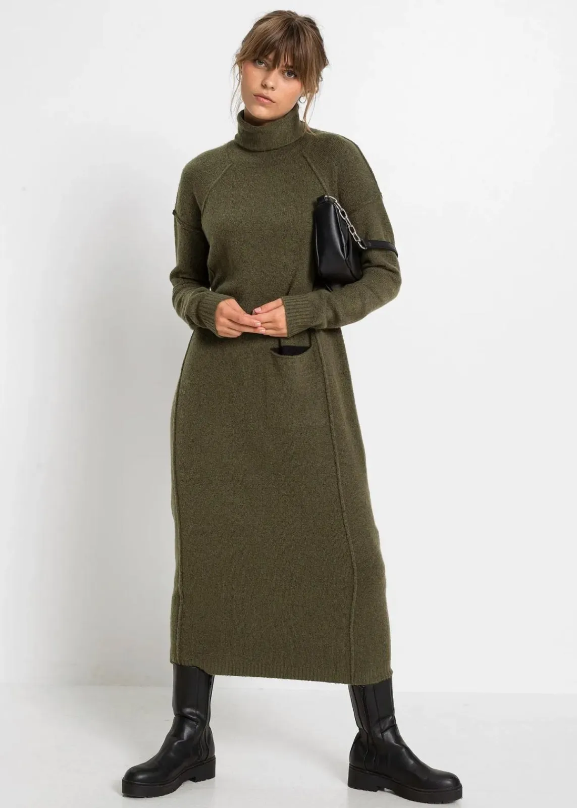 bonprix Bekleidung·Umstandsmode|Bekleidung·Pullover & Strickjacken^Strickkleid mit Rollkragen dunkeloliv meliert