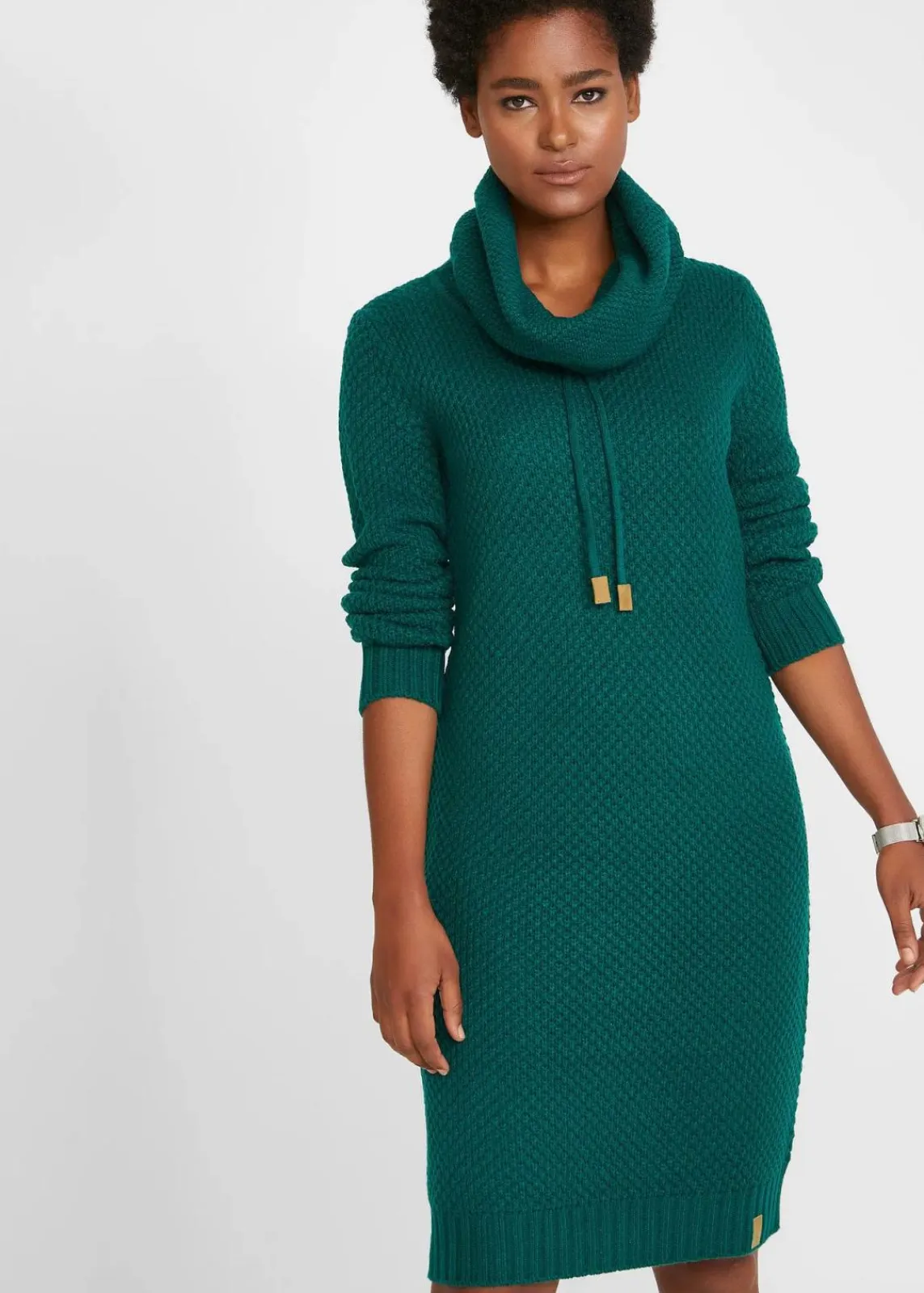 bonprix Kleider|Strickmode^Strickkleid mit Schalkragen tiefgrün