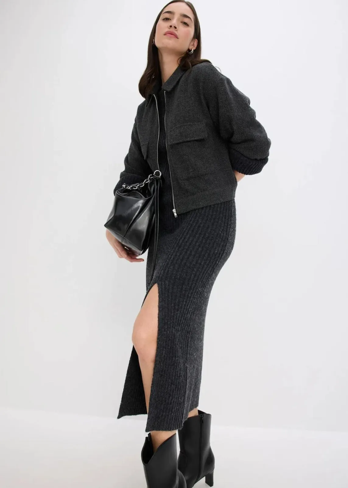 bonprix Bekleidung·Umstandsmode|Kleider^Strickkleid mit Schlitz anthrazit meliert