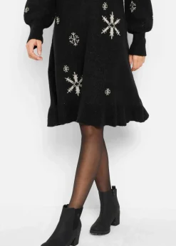 bonprix Bekleidung·Umstandsmode|Strickmode^Strickkleid mit Schneeflocken-Print schwarz