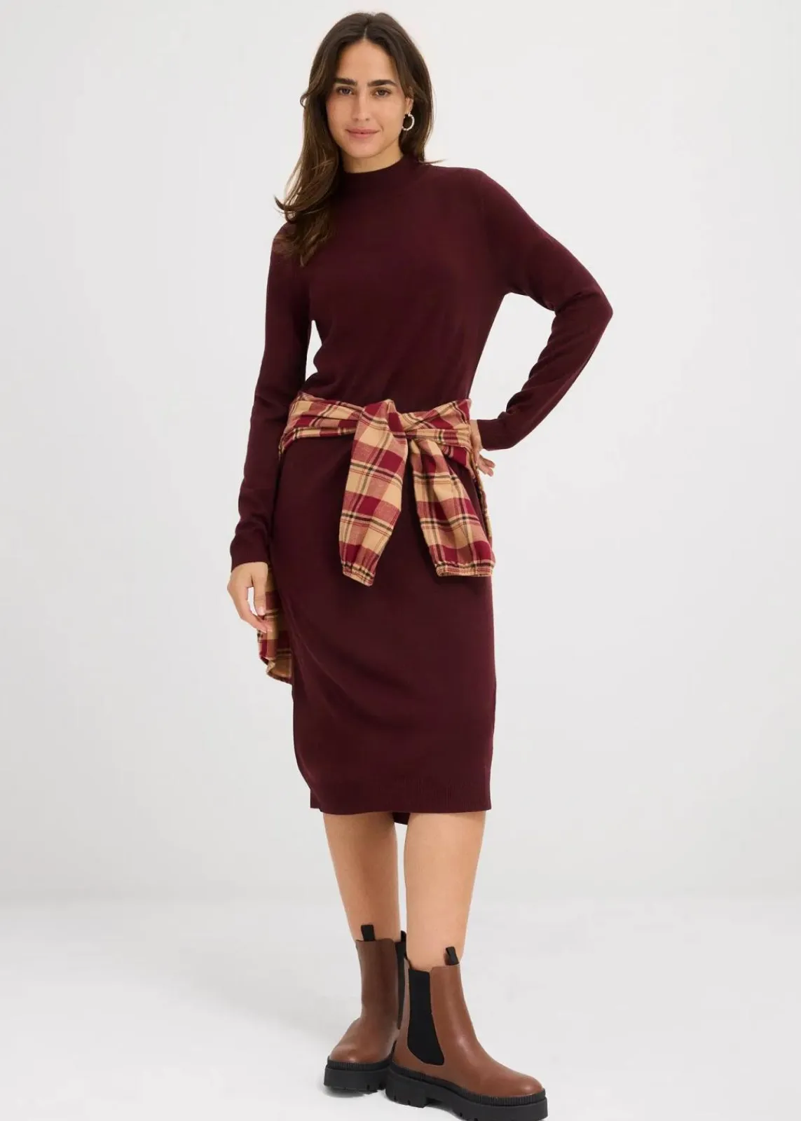 bonprix Bekleidung·Umstandsmode|Strickmode^Strickkleid mit Stehkragen weinrot