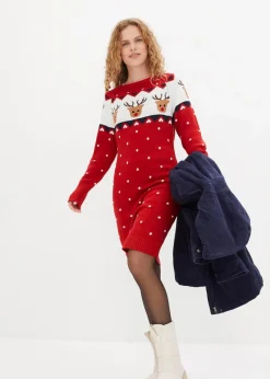 bonprix Bekleidung·Umstandsmode|Strickmode^Strickkleid mit Weihnachtsmotiv rot