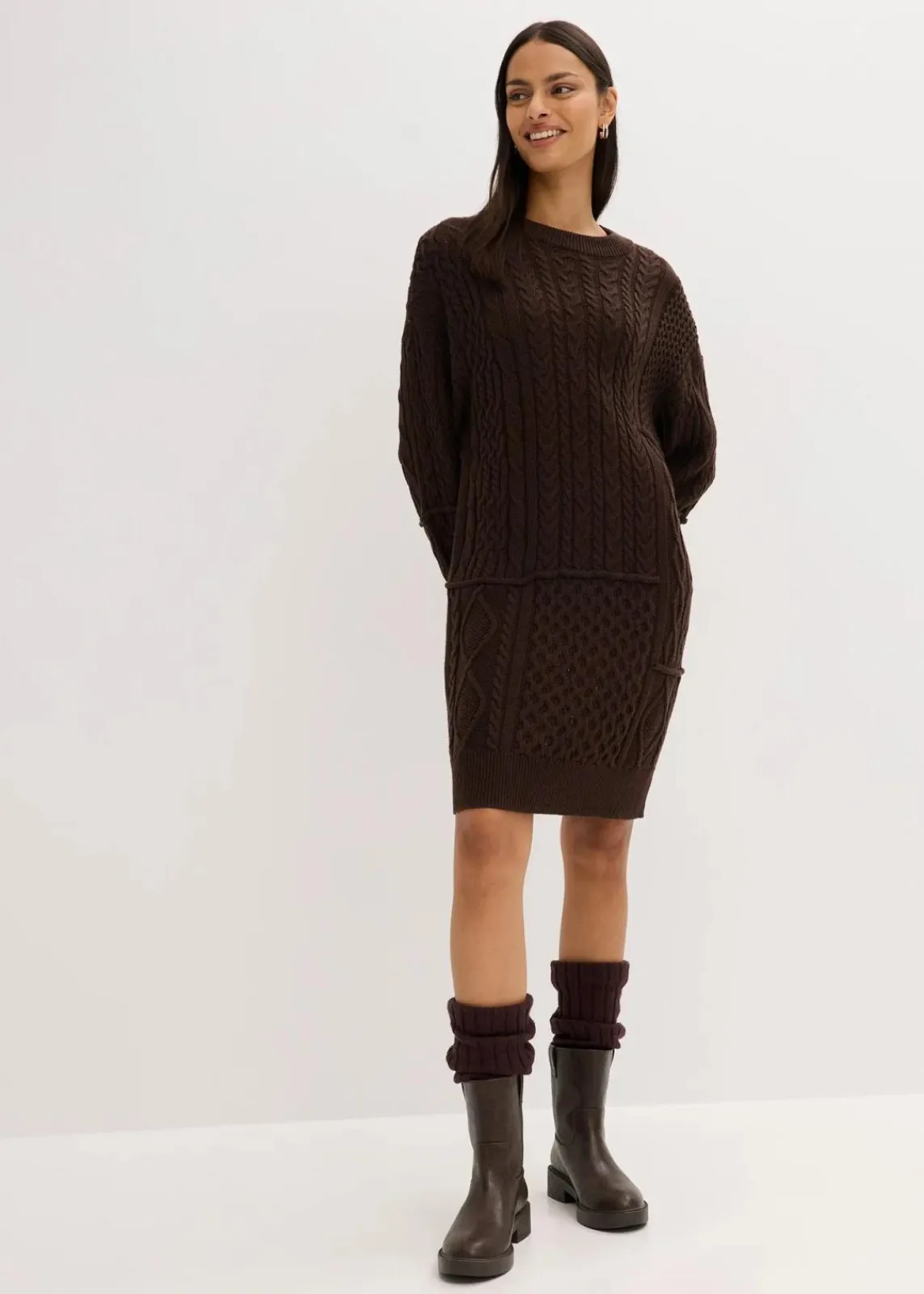bonprix Bekleidung·Umstandsmode|Kleider^Strickkleid mit Zopfmuster dunkelbraun