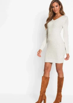 bonprix Bekleidung·Umstandsmode|Kleider^Strickkleid mit Zopfmuster wollweiß