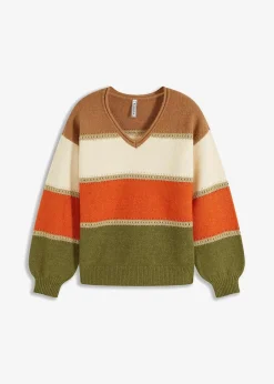 bonprix Bekleidung·Umstandsmode|Strickmode^Strickpullover camel/elfenbein/kupferorange/lodengrün gestreift