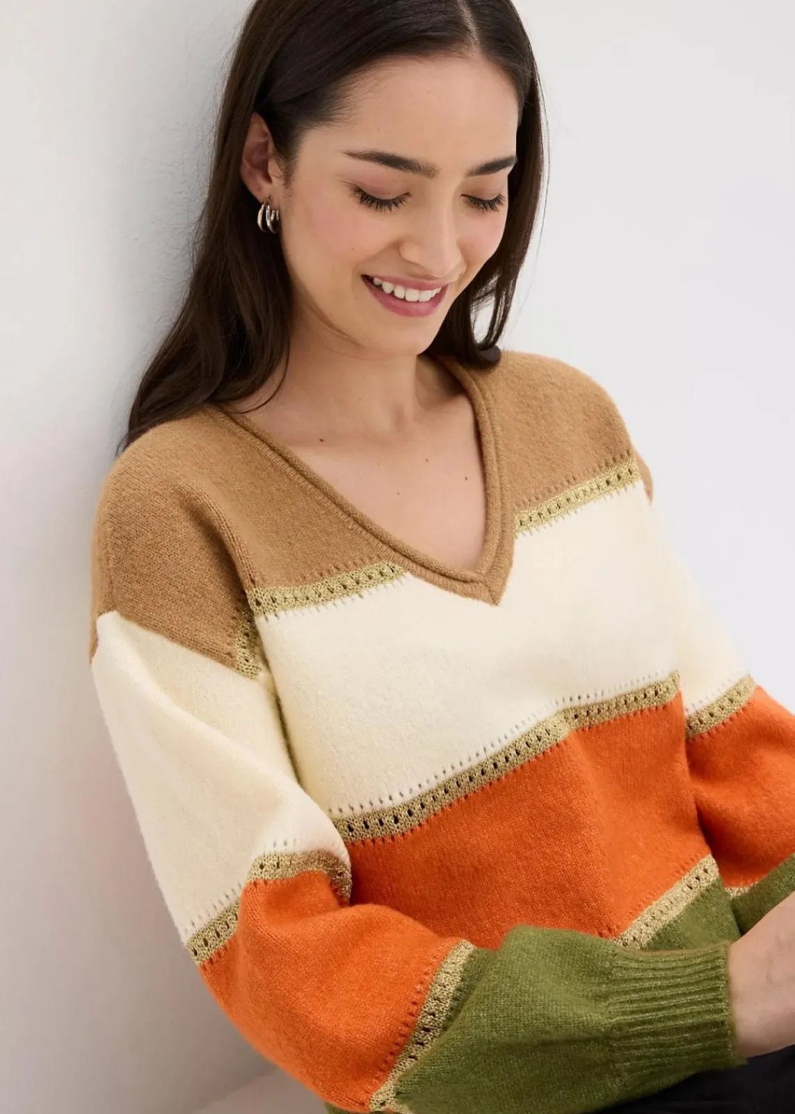 bonprix Bekleidung·Umstandsmode|Strickmode^Strickpullover camel/elfenbein/kupferorange/lodengrün gestreift