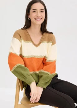 bonprix Bekleidung·Umstandsmode|Strickmode^Strickpullover camel/elfenbein/kupferorange/lodengrün gestreift