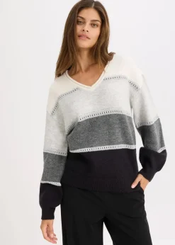 bonprix Bekleidung·Umstandsmode|Strickmode^Strickpullover schwarz/anthrazit meliert/hellgrau meliert/wollweiß gestreift